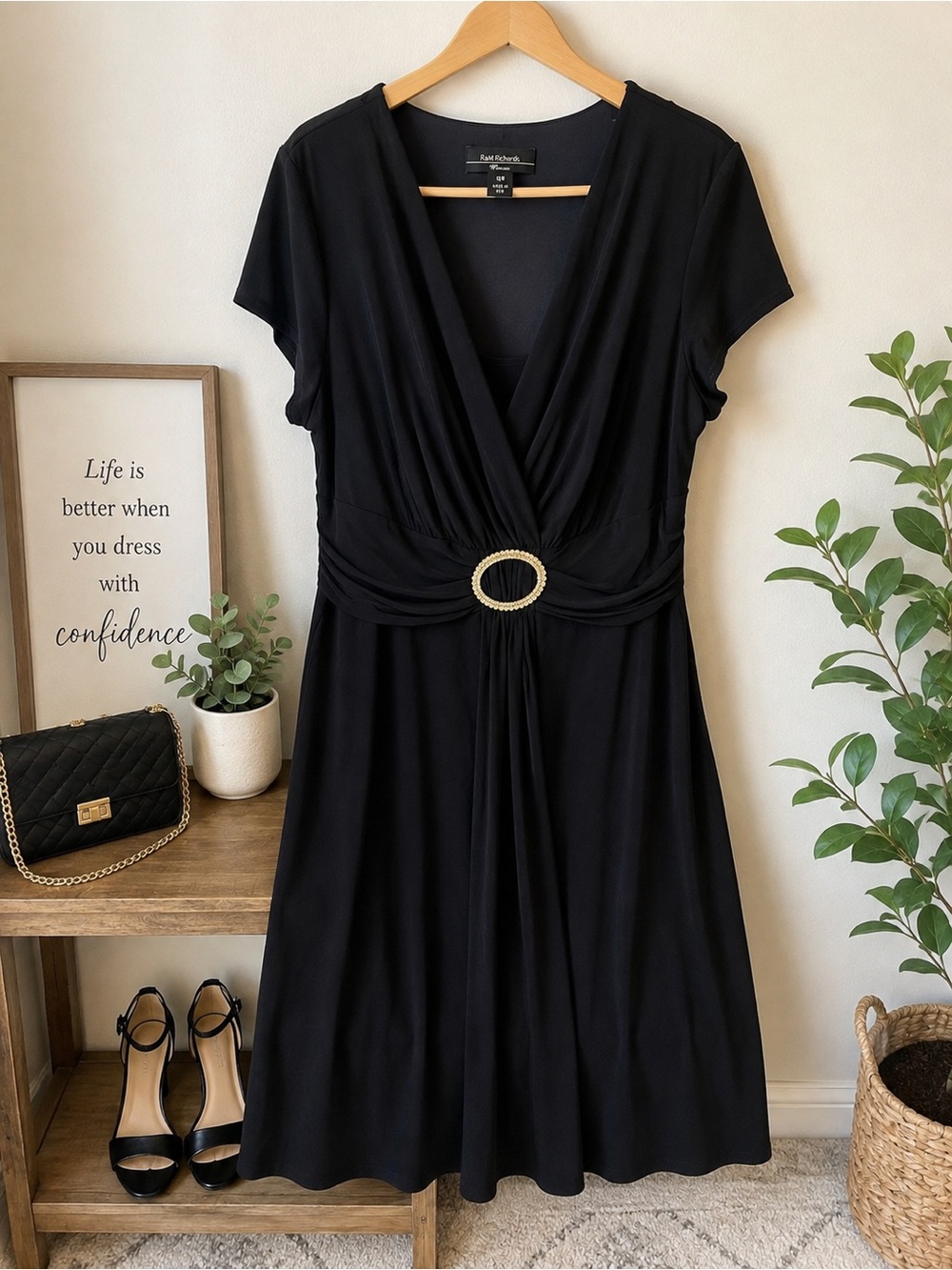 R&M Richards Navy Blue Dress 16W – Elegant Ruched Waist with Buckle – Made in US